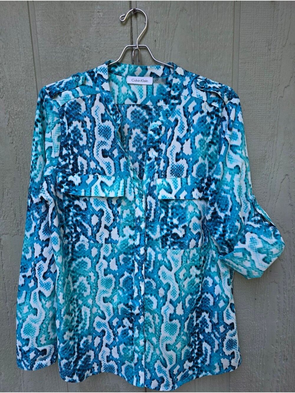 Calvin Klein Aqua Snake Print Blouse Large #BL1 - Picture 10 of 13
